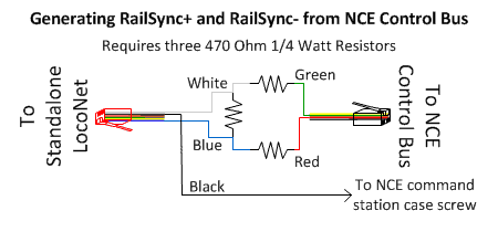 image montrant circuit pour créer RailSync LocoNet autonome de NCE Control Control Bus +/- 
