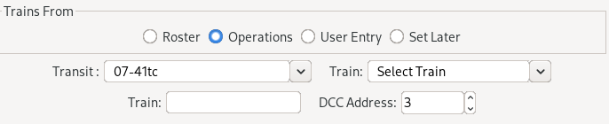 Trains from Ops, Transit, Ops Train selection combo, Train and DCC Address.